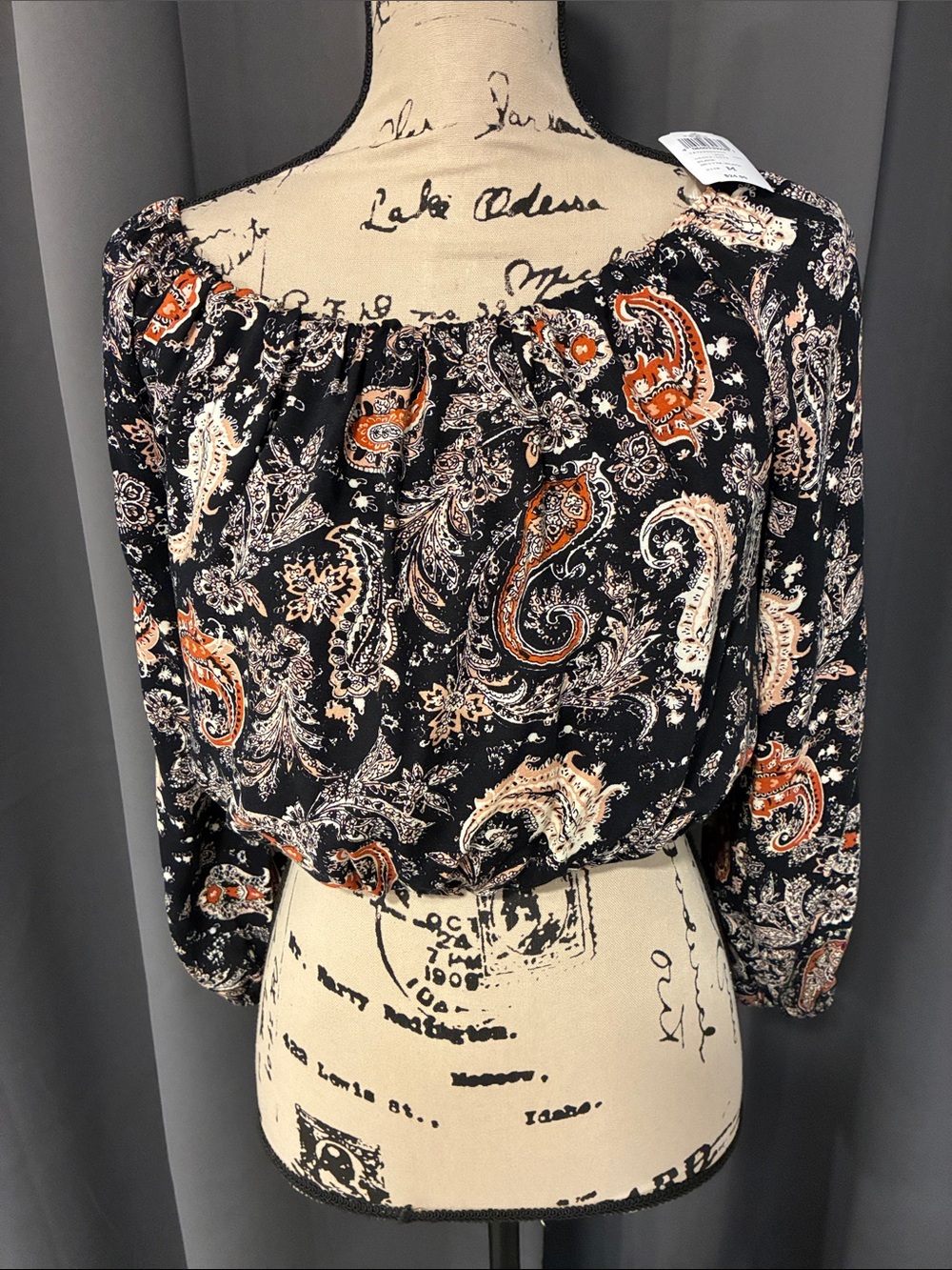Windsor Black Paisley Off-Shoulder Blouse with Orange & Cream Accents
